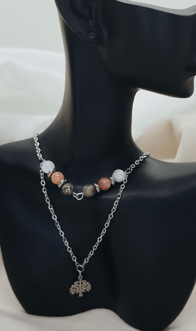 Collier acier inoxydable 42 cm agrémenté d'un pendentif "arbre de vie" et de pierres naturelles pierre de lune.