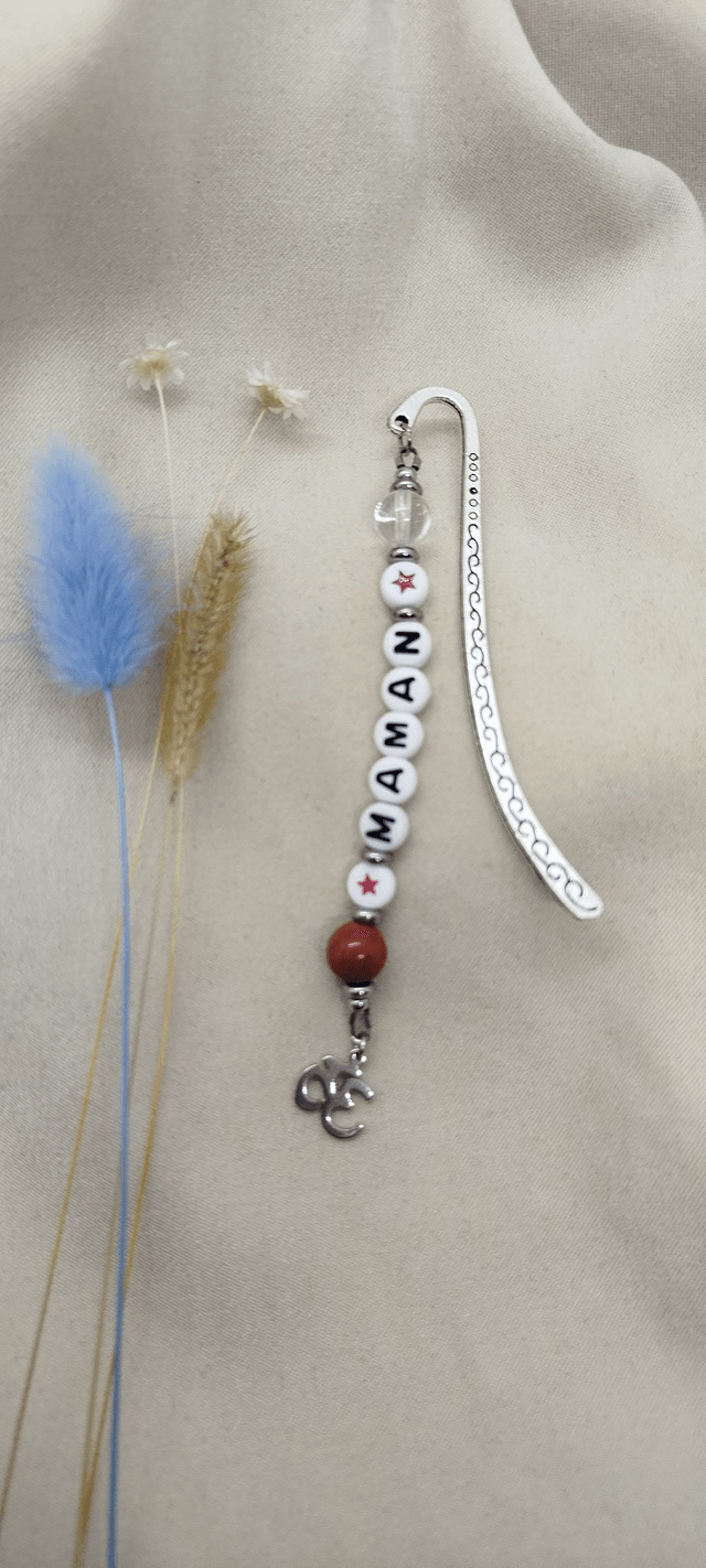 Marque-pages style tibétain avec pierres naturelles (jaspe rouge, cristal de roche)