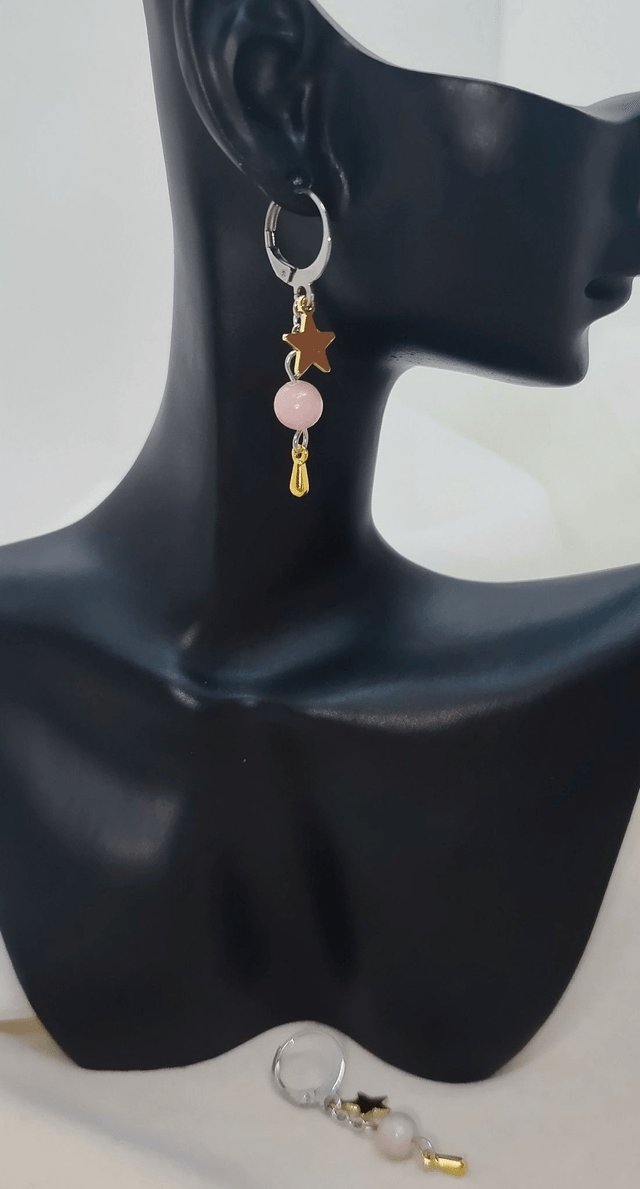 Dormeuses d'oreilles et pendentif "étoile dorée" en acier inoxydable, avec pierres naturelles (opale rose)