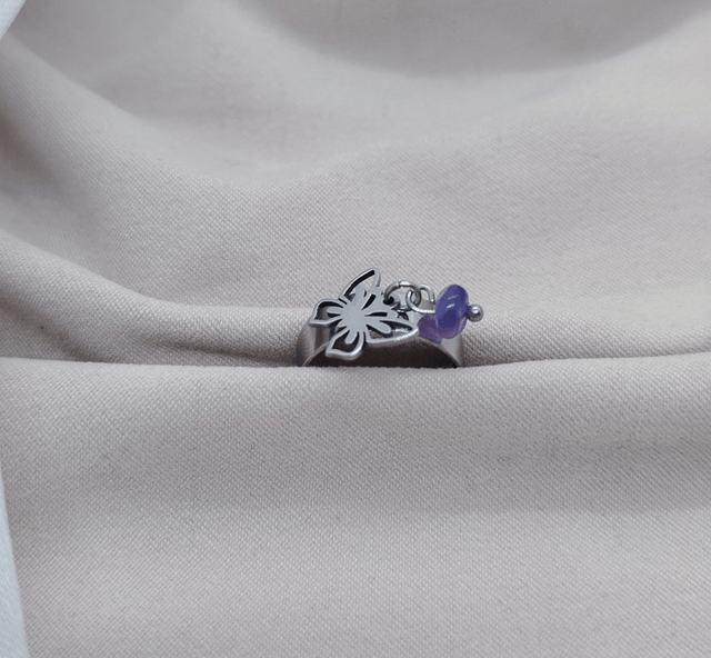 Bague ajustable 47 à 52 et pendentif "papillon" en acier inoxydable et pierre naturelle baroque (améthyste) 