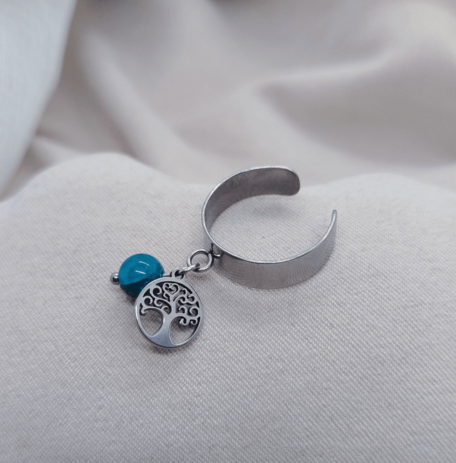 Bague ajustable 47 à 52 et pendentif "arbre de vie" acier inoxydable et pierre naturelle (apatite bleue)