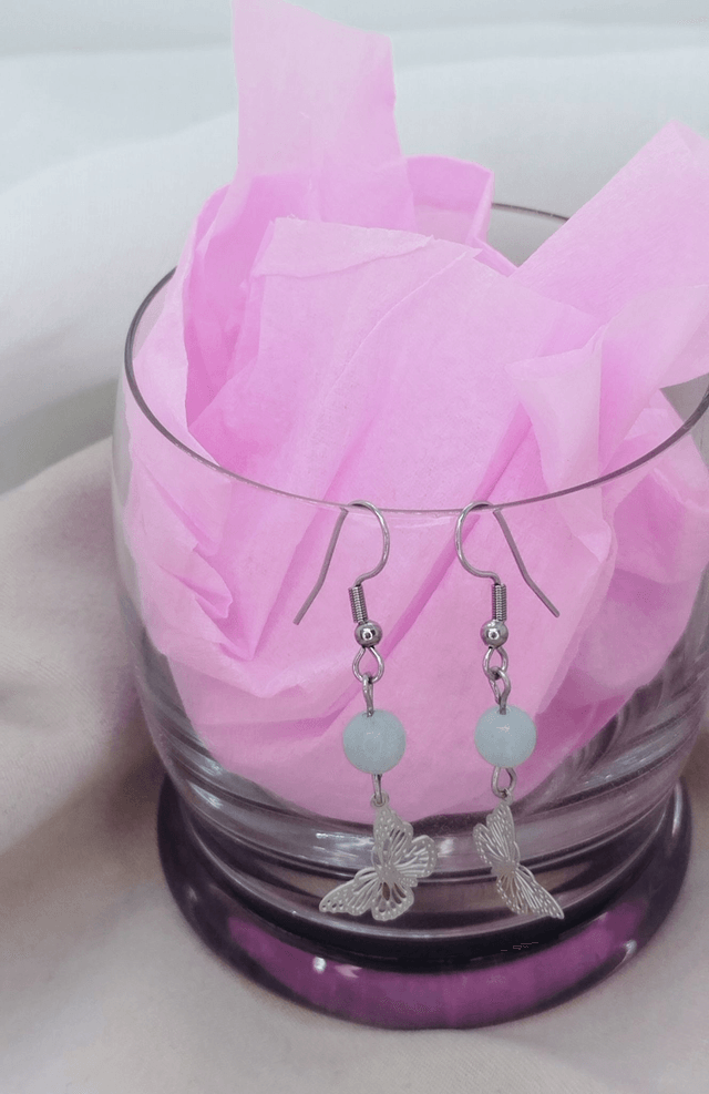  Boucles d'oreilles crochets en acier inoxydable ornées d'une pierre naturelle amazonite et d'un pendentif "papillon"