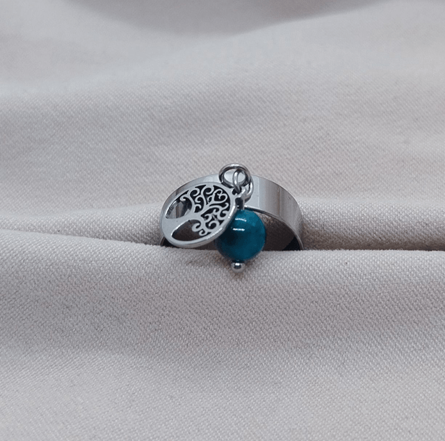 Bague ajustable 47 à 52 et pendentif "arbre de vie" acier inoxydable et pierre naturelle (apatite bleue)