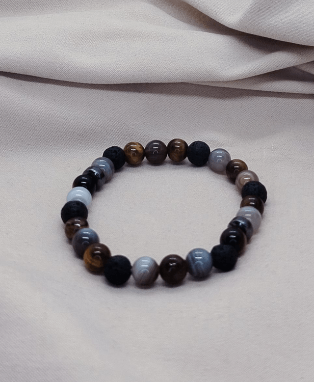 Bracelet homme 18 cm, en pierres naturelles (œil de tigre, pierre de lave, agate du Botswana)