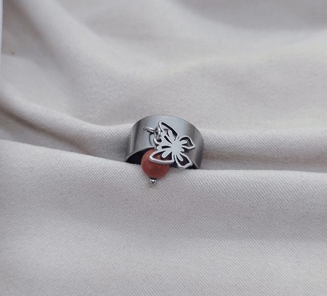 Bague ajustable 47 à 52 et pendentif "papillon" acier inoxydable et pierre naturelle (jaspe rouge)