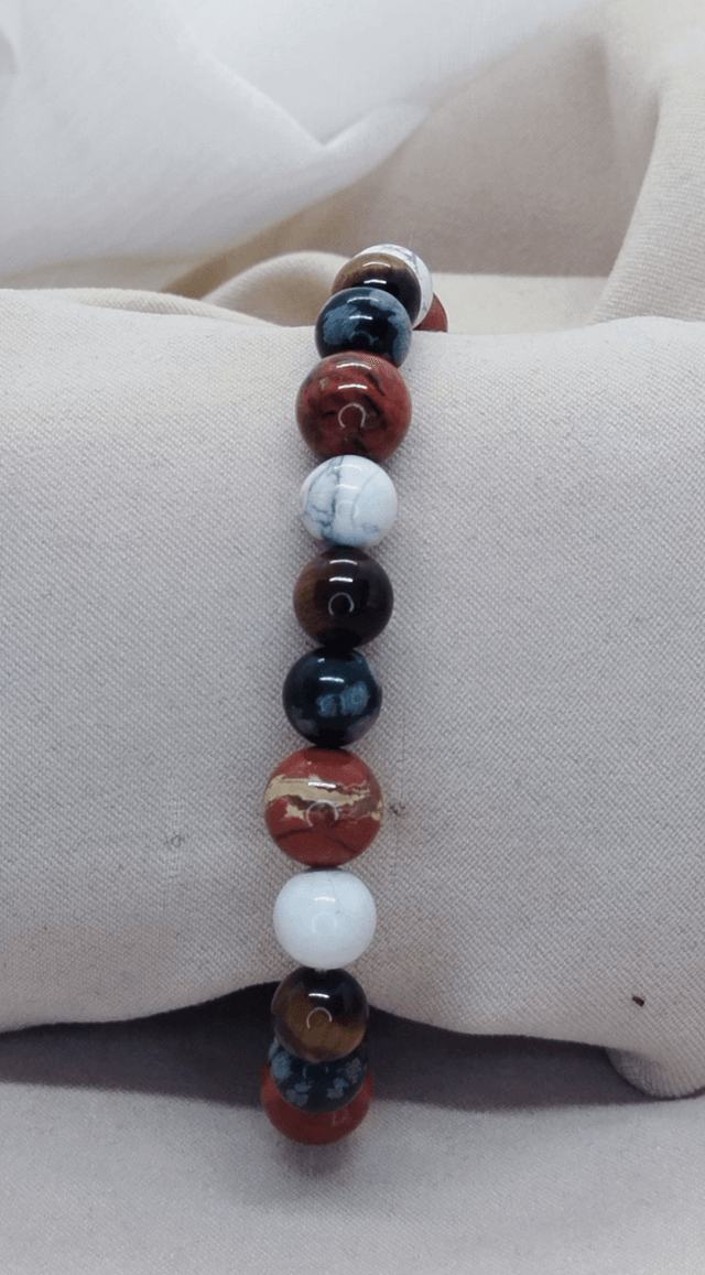 Bracelet homme 18 cm, en pierres naturelles (obsidienne flocon de neige, howlite blanche, jaspe rouge, œil de tigre)