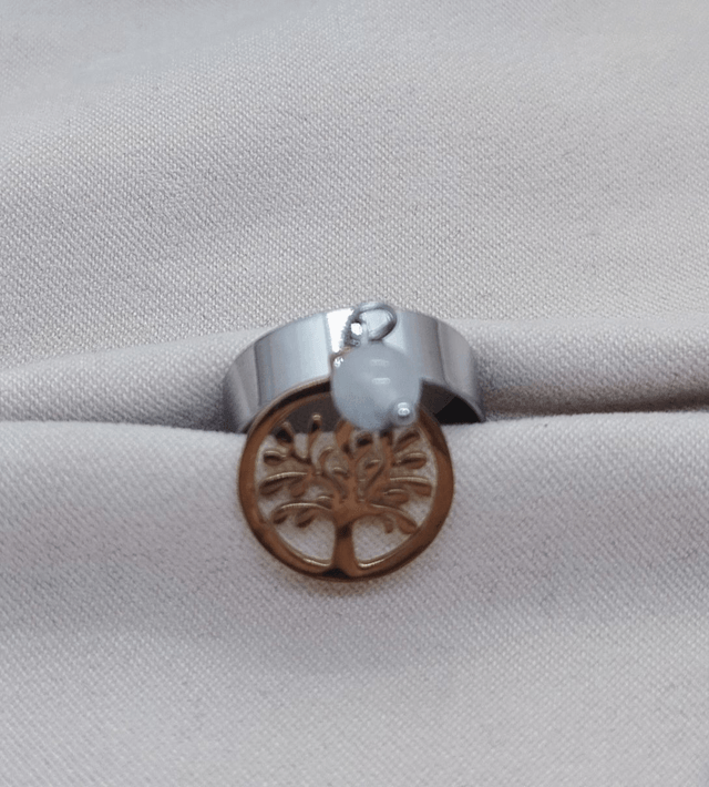 Bague ajustable 47 à 52 et pendentif doré 'arbre de vie" acier inoxydable et pierre naturelle (quartz tourmaline)