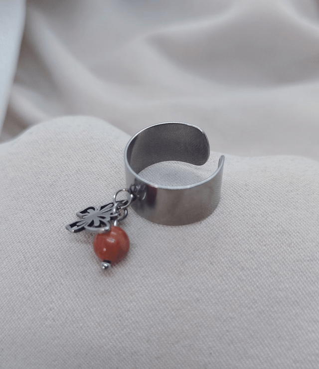 Bague ajustable 47 à 52 et pendentif "papillon" acier inoxydable et pierre naturelle (jaspe rouge)