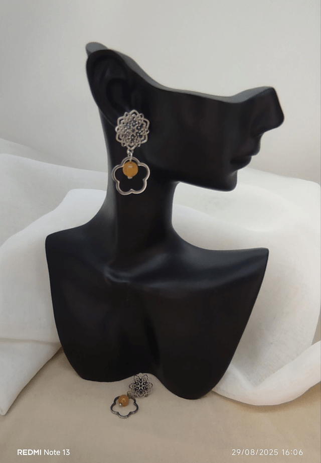 Clous d'oreilles "fleur" et anneau "fleur" en acier inoxydable et perles naturelles aventurine orange 6 mm 