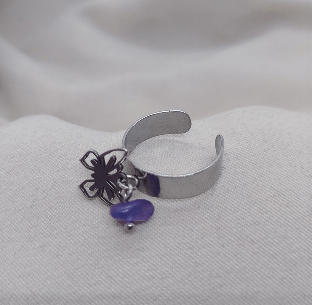 Bague ajustable 47 à 52 et pendentif "papillon" en acier inoxydable et pierre naturelle baroque (améthyste) 