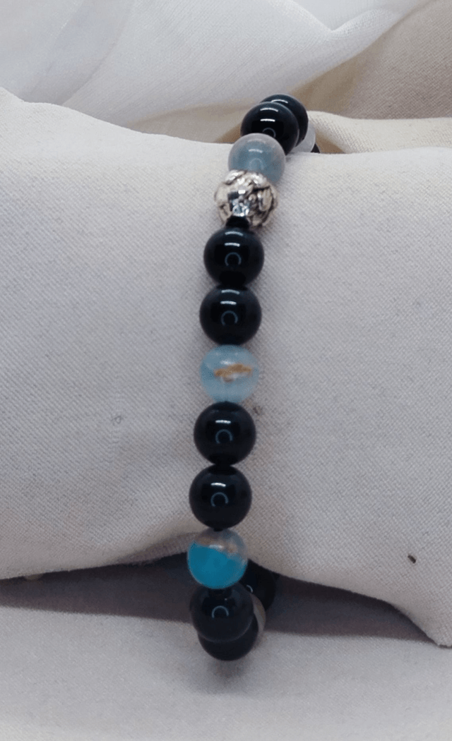 Bracelet homme 19 cm en pierres naturelles (obsidienne noire ou dorée, calcite bleue)