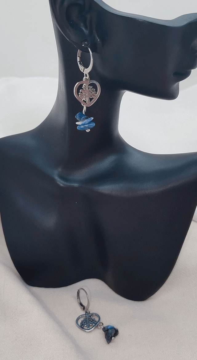 Dormeuses d'oreilles et pendentif "cœur arbre de vie" en acier inoxydable, avec pierres naturelles baroques (sodalite)