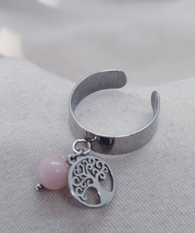 Bague ajustable 47 à 52 et pendentif "arbre de vie" acier inoxydable et pierre naturelle (opale rose)