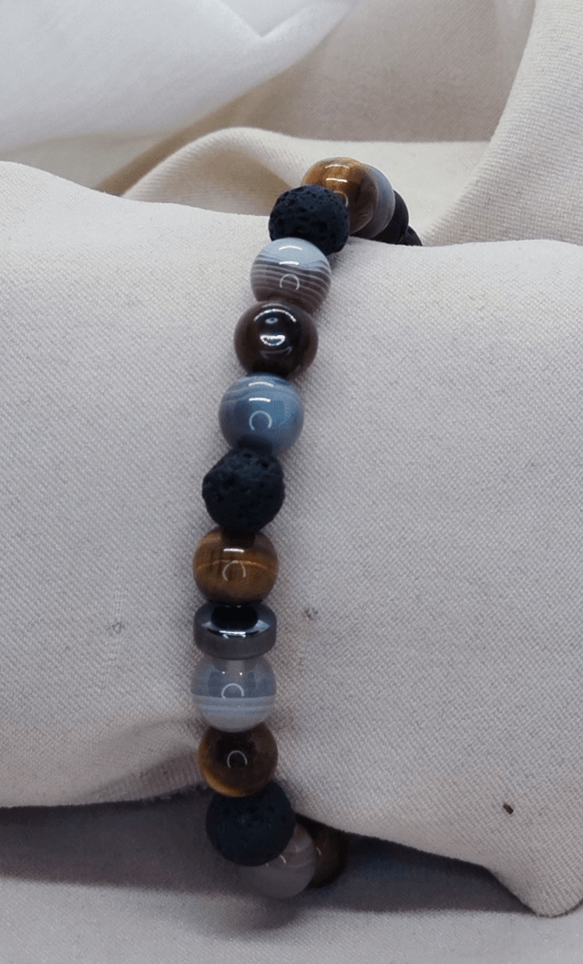 Bracelet homme 18 cm, en pierres naturelles (œil de tigre, pierre de lave, agate du Botswana)