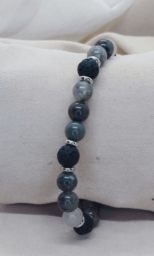 Bracelet homme 18 cm en pierres naturelles  (jaspe héliotrope, pierre de lave)