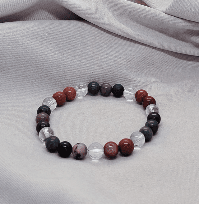 Bracelet homme 18 cm en pierres naturelles (jaspe rouge , rhodochrosite, cristal de roche)